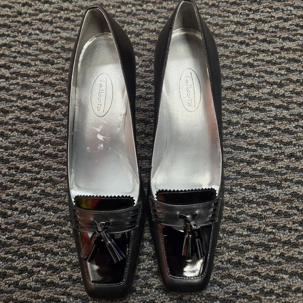 Talbots Black Leather Tassel Pumps 8 AA Narrow Loafer Heels Square Toe Brazil